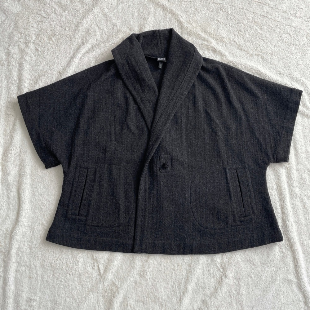 Eileen Fisher Angora Wool Blend Kimono Sleeve Shawl Collar Wrap Jacket Gray Med